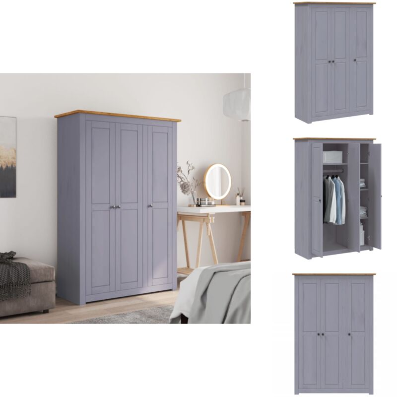 Kleiderschrank 3-Türig Grau 118×50×171,5 cm Kiefer Panama Serie - Schrank - Kleiderschrank - Holzschrank - Massivholzklaedschrank