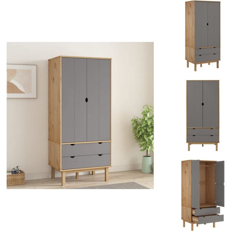 Kleiderschrank OTTA Braun&Grau 76,5x53x172 cm Massivholz Kiefer - Holzschränke - Kleiderschrank - Kiefernholzklaederschrank - Skandinavisches Design
