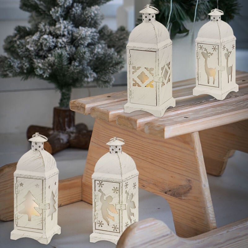 Globo Lighting - Kleine Laterne Batterie Laterne Weihnachten Weihnachtslampe Innen Weihnachtslaterne in weiß Shabby Chic, 1x Stern 1x Tanne 1x