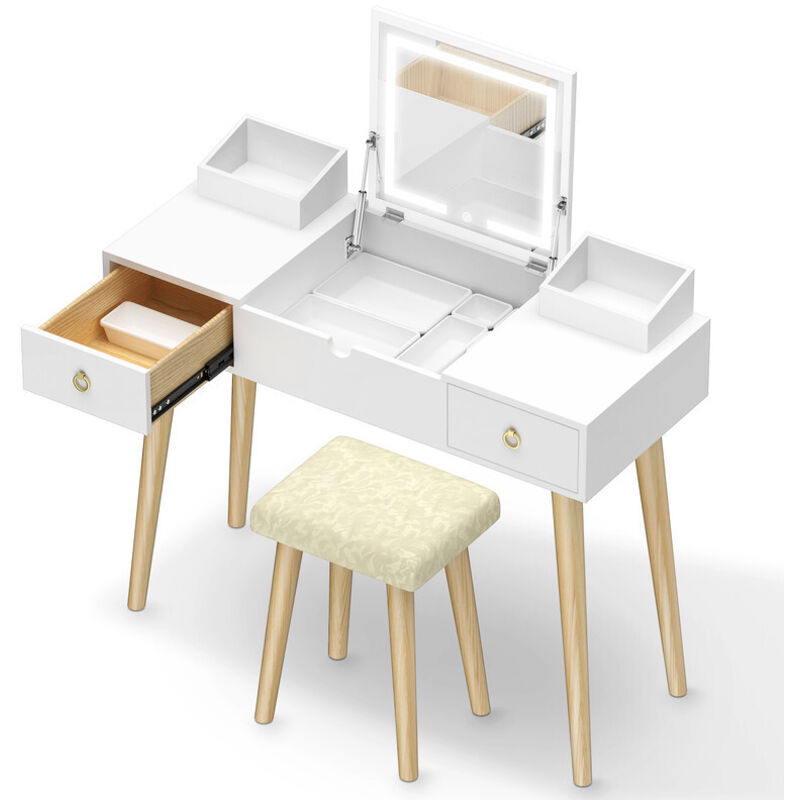 Kleiner Schminktisch - mit Klappspiegel und Hocker - Weißer Schminktisch aus Holz - Skandinavisch - 3-Farben-LED-Spiegel mit einstellbarer Helligkeit