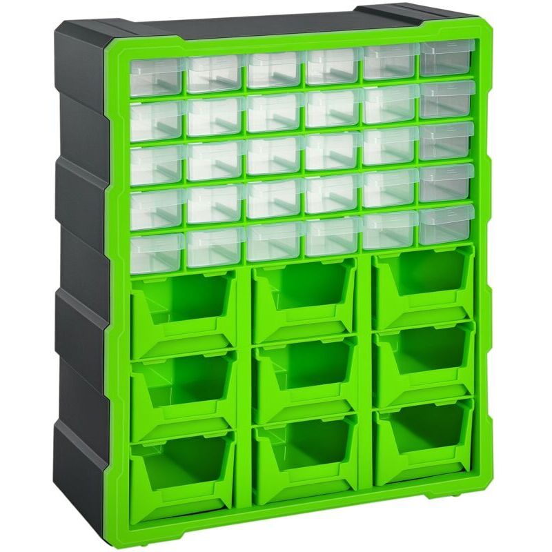 Kleinteile-Sortierbox, Aufbewahrungsbox für Zeitschriften und Ersatzteile, 39 Fächer, grün, L 38 x B 16 x H 47,5 cm