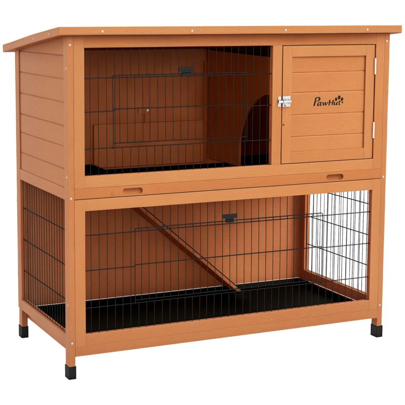 Kaninchenstall aus Holz 2-stöckiger Kleintierstall Kleintierkäfig mit Paletten, Rampe Kleintierhaus mit Außengehege Asphaltdach für 2 Kaninchen