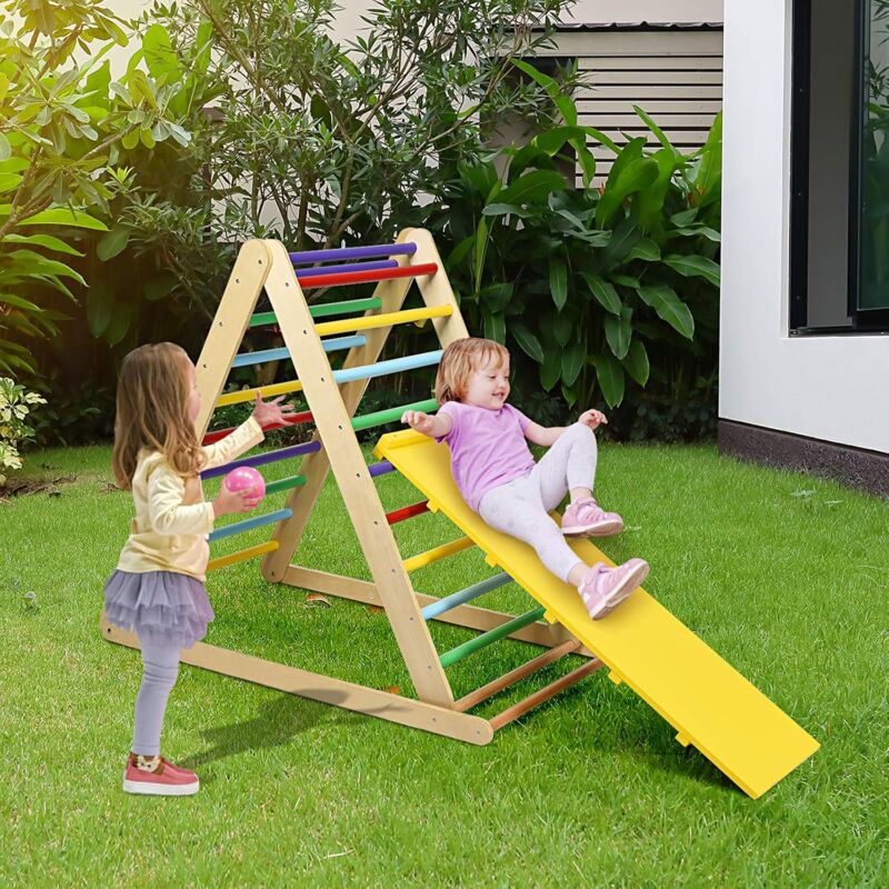 Kletterdreieck mit Rutsche, Klappbare Hühnerleiter, Sprossenwand aus Holz, Indoor Spielplatz mit 60 kg Belastbar, mit Regenbogen-Stufen, für Kinder