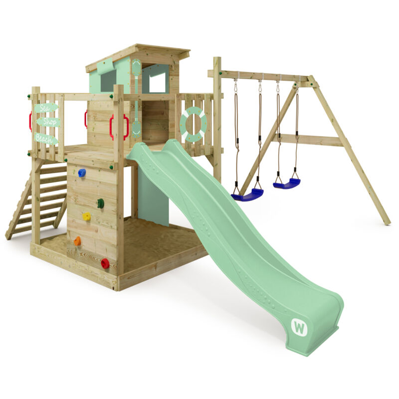 Spielturm Klettergerüst Smart Camp mit Schaukel & Rutsche, Baumhaus mit Sandkasten, Kletterleiter & Spiel-Zubehör - pastellgrün - Wickey