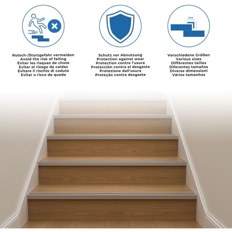 Klick-Treppenkante für Vinyl / Laminat / Parkett 'Lakeview', Höhe 4 - 7 mm, 28 mm breit, 2-teilig, Aluminium eloxiert, gebohrt-Edelstahloptik-900