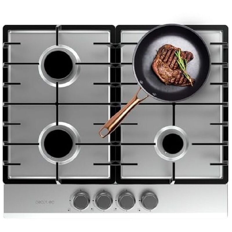 Cecotec - Kochfeld de Gas, 4 Brenner, Edelstahl-Finish, komplette Grills de Gusseisen, Leistung de 8kw, Dreifach-Kronen-Wok-Brenner, elektrische