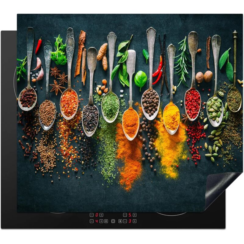 Jalleria - Kochfeldabdeckung, Küchendekoration, Schutzmatte, Induktionsschutz, 40 x 60 cm, Kräuter – Gewürze – Löffel