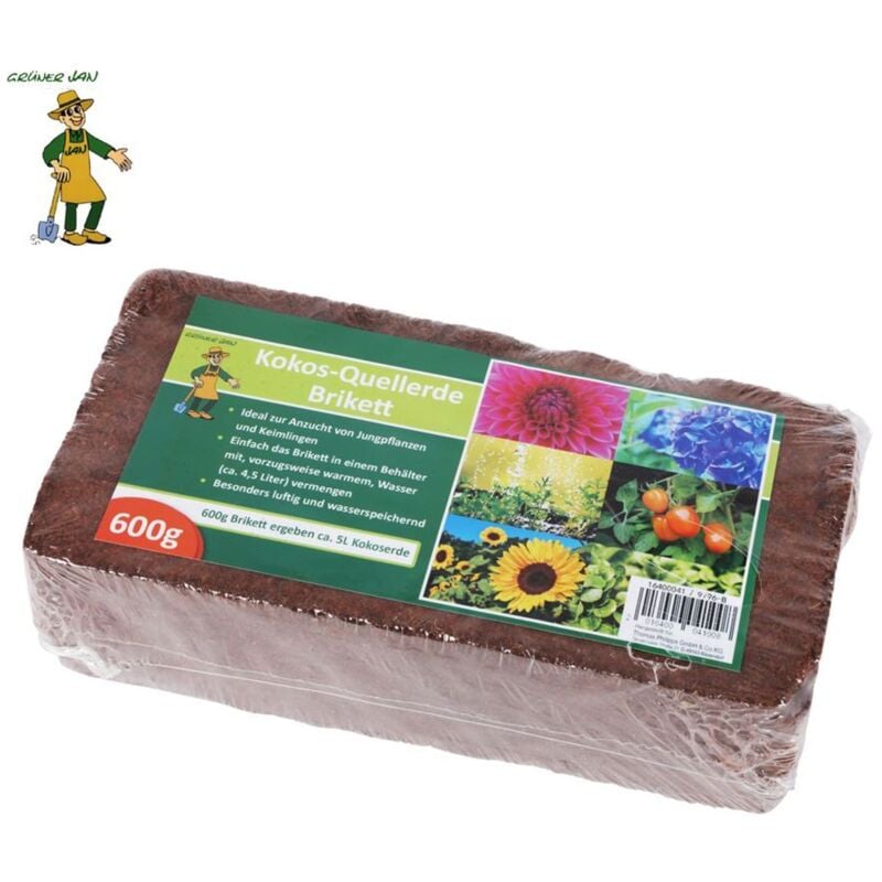 Grüner Jan - Kokos-Quellerde-Brikett Kokoserde Aussaaterde Blumenerde Pflanzenerde 600g ca.5L
