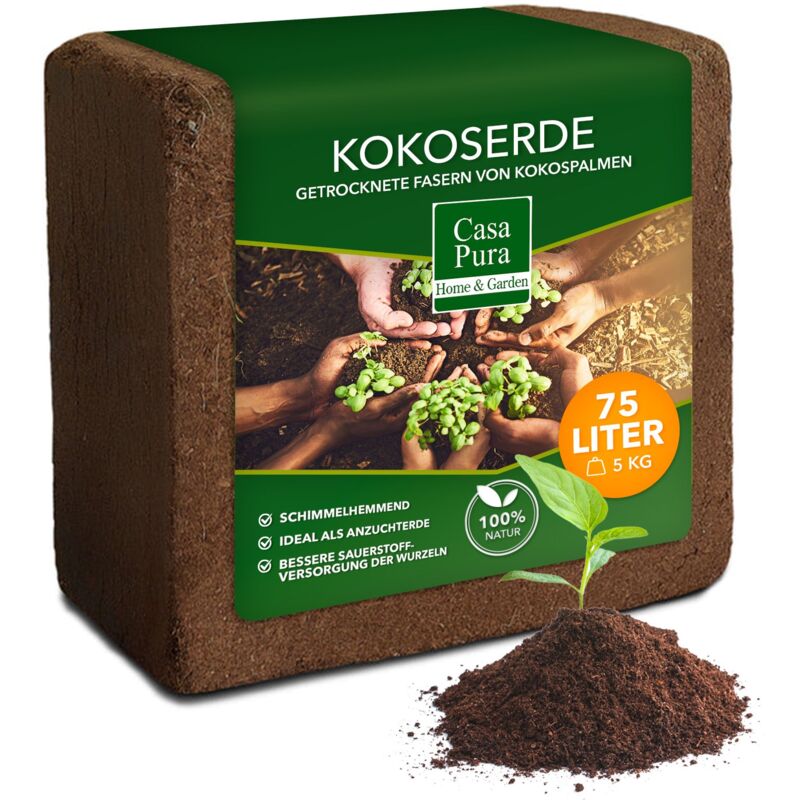 Casa Pura - Kokoserde Blumenerde aus Kokosfasern Als Block gepresst 5 kg