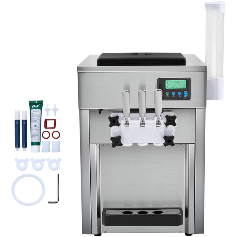Mophorn - Kommerzielle Eismaschine von 21 qt/h Leistung,1800 W,3 Geschmacksrichtungen,Arbeitsplatte,2x4 l-Behälter,2x1,8