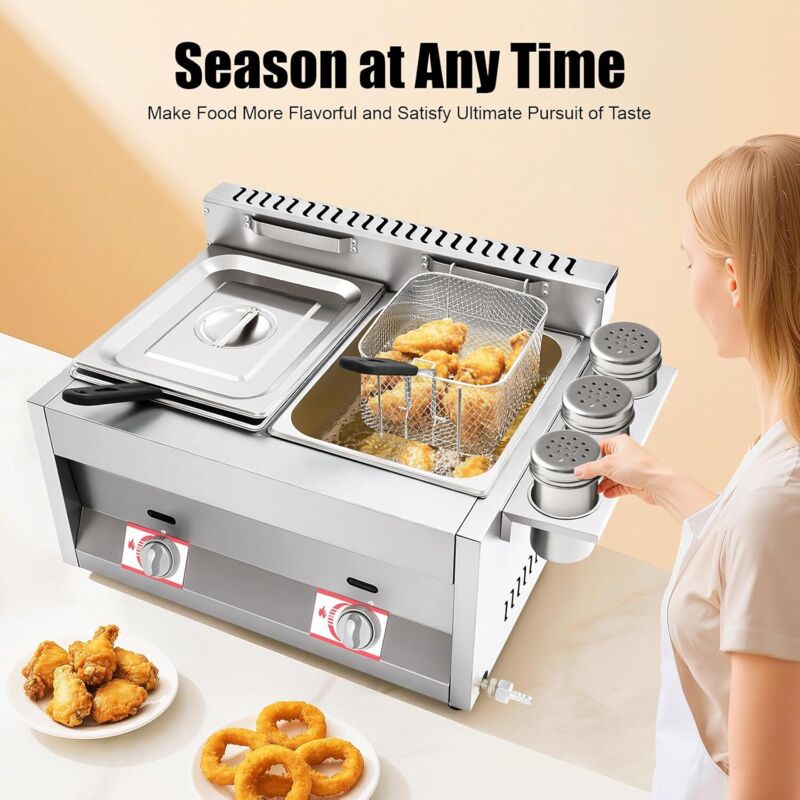 Kommerzielle Gas Fritteuse 2 x 6L Doppelfriteuse Edelstahl Kommerzielle Frittiermaschine mit 2 Filterkörbe und Deckel Großraum Gas-Fritteuse für