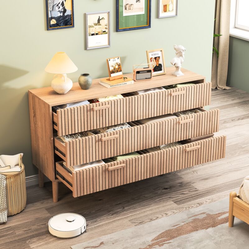 Kommode 100 cm, Kommode mit 6 Schubladen und Holzgriffen, Aufbewahrungsmöbel - geeignet für Wohnzimmer, Schlafzimmer, Natur