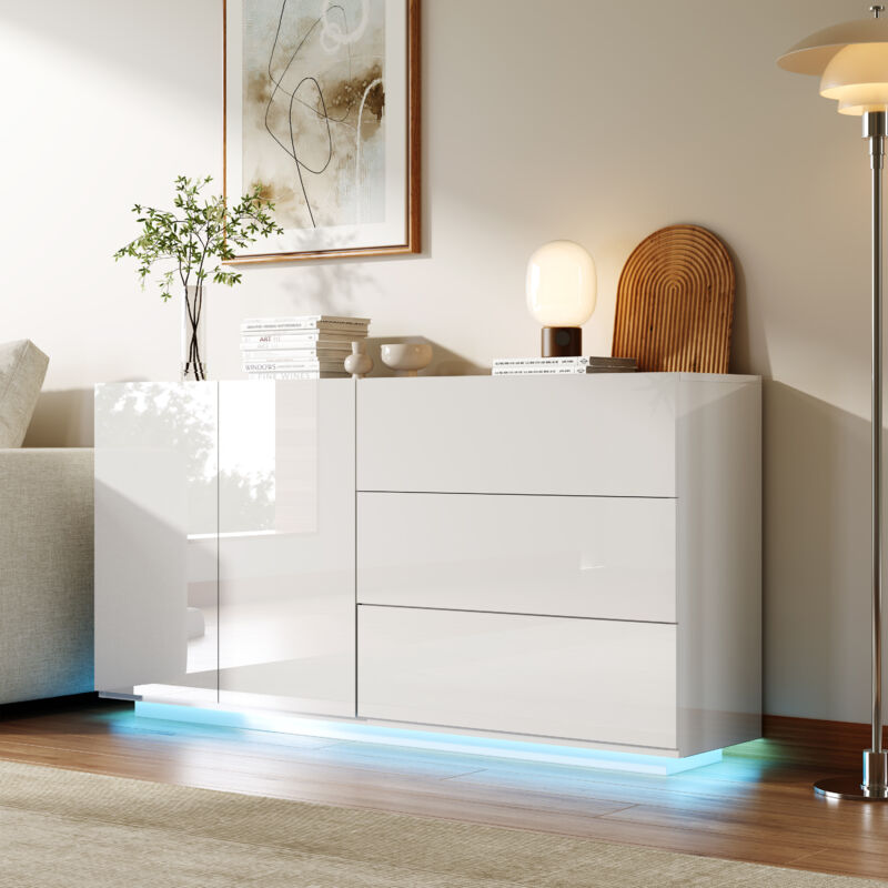 Kommode 160 cm, moderne Kommode mit 3 Schubladen und LED-Beleuchtung – verdeckte Türen, glänzende Oberfläche, sanfte Öffnung – Weiß