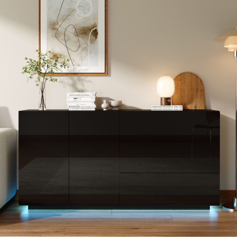 Kommode 160 cm, moderne Kommode mit 3 Schubladen und LED-Beleuchtung – verdeckte Türen, glänzende Oberfläche, sanfte Öffnung – schwarz