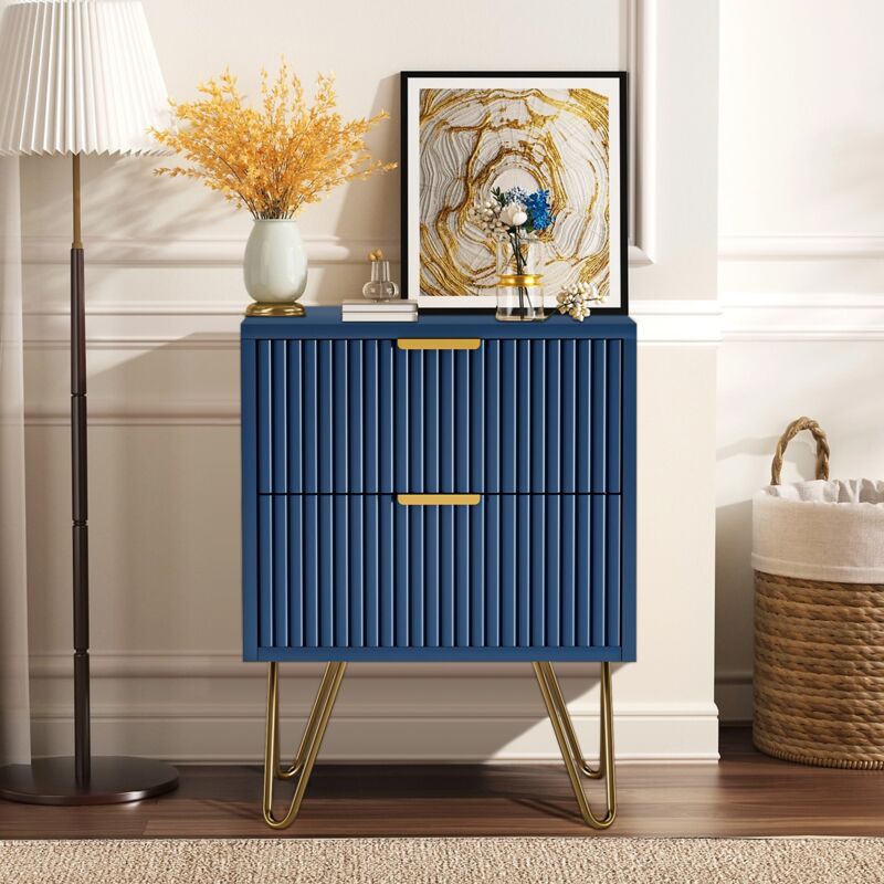 Kommode 50x40x35cm – mit 2 ausziehbaren Schubladen, Metallbeinen, Schlafzimmer-Sideboard, Kommode im skandinavischen Design – Marineblau