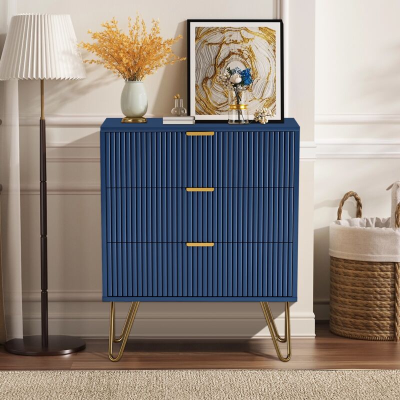 Kommode 70x60x40cm – mit 3 ausziehbaren Schubladen, Metallbeinen, Schlafzimmer-Sideboard, Kommode im skandinavischen Design – Marineblau