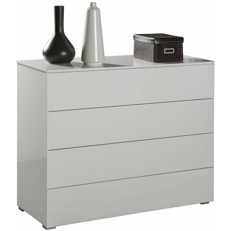 Kommode für Schlafzimmer in Weiß glänzend, Sideboard mit Metall Schubladenschienen -Kommode 4 Schubladen