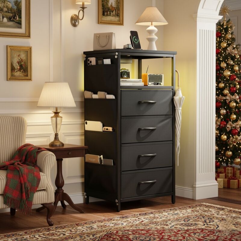 Kommode für Schlafzimmer 79 cm – Kommode mit 4 Schubladen, LED-Beleuchtung, USB-Anschluss und schwarzen Griffen – Kommode für Schlafzimmer für