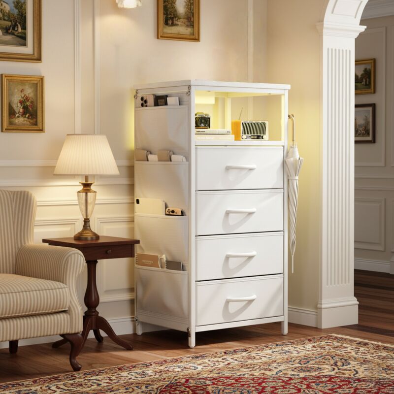 Kommode für Schlafzimmer 79 cm – Kommode mit 4 Schubladen, LED-Beleuchtung, USB-Anschluss und schwarzen Griffen – Kommode für Schlafzimmer für