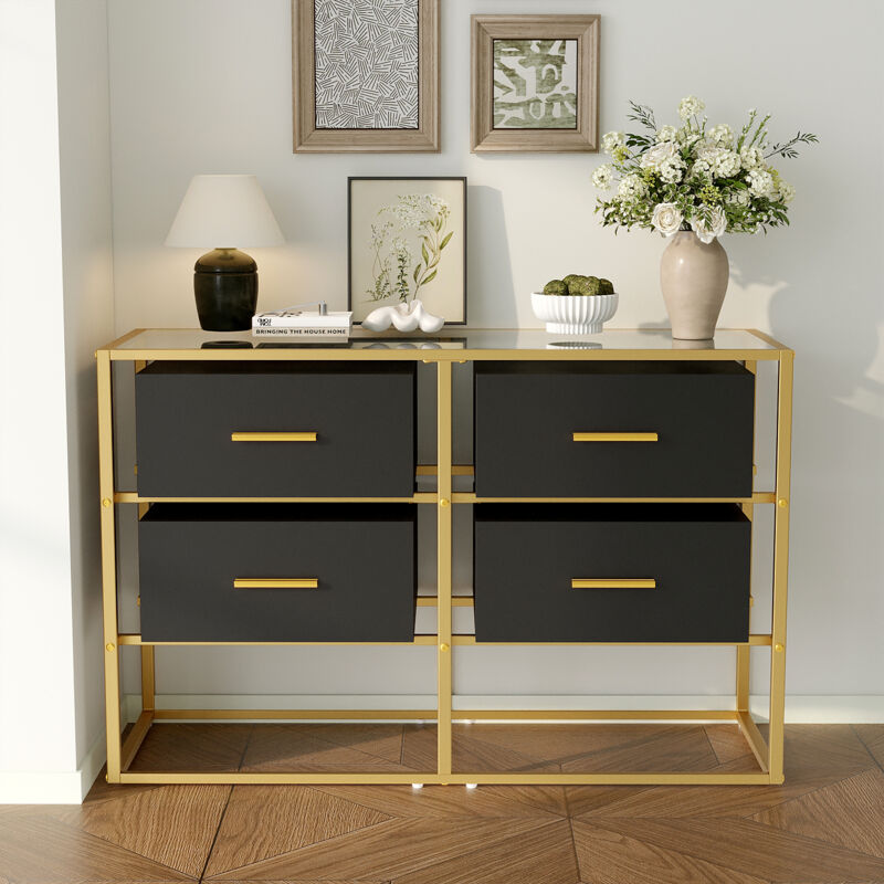 Kommode Glas-Sideboard, Kommode, Schwarz-Gold, MDF & Glas, 100x35x65 cm