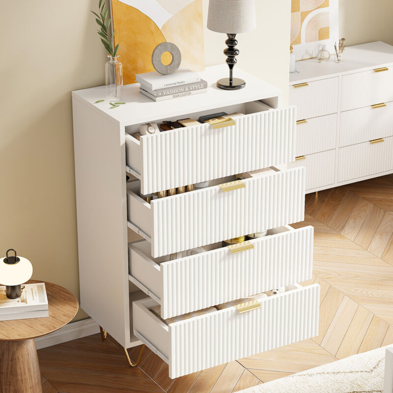 Kommode, Kommode für Erwachsenenschlafzimmer, Wohnzimmerschrank, Aufbewahrungsschrank, Elegante Aufbewahrungskommode mit 4 Schubladen in Weiß mit