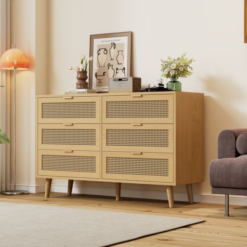 Kommode mit 6 Schubladen, Sideboard mit Holzschubladen, Kommode mit Metallgriffen, Schlafzimmer, Wohnzimmer, Büro, hohes Sideboard mit viel Stauraum,