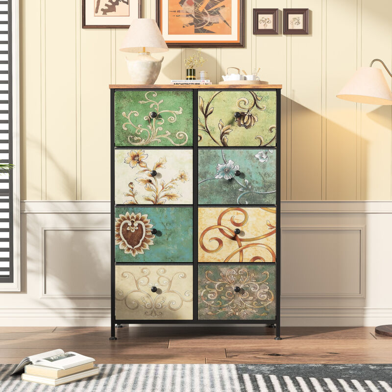 Kommode mit 8 Stoffschubladen, Vintage-Kommode, vierschichtige Schließfächer, Frisiertisch für Schlafzimmer, Beistelltisch für Wohnzimmer,