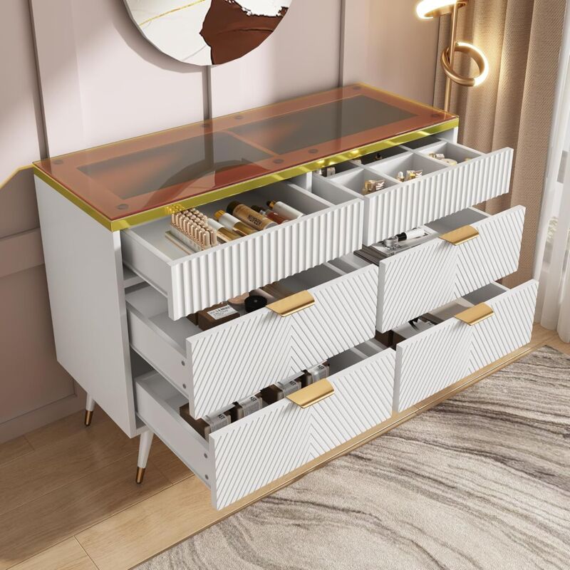 Kommode Sideboard aus Bernstein Glas, Kommode mit 6 Schubladen,Facheinteilung, kippsicher, Hochschrank für Schlafzimmer und alle Wohnräume, 120 x 40