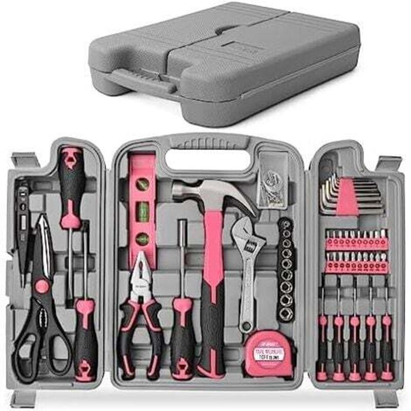 Komplettes 56-teiliges Werkzeugset in Rosa – Werkzeugkasten mit Aufbewahrungsbox – Hammer, Schere, Schraubendreher, Inbusschlüssel und Werkzeugset –