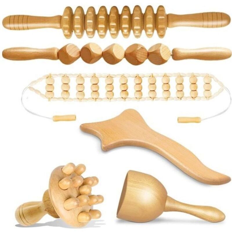 Komplettes 6-teiliges Maderotherapie-Set zur Cellulite-Behandlung: Massagegerät aus Holz, Anti-Cellulite, Lymphdrainage, manuelles Massagegerät