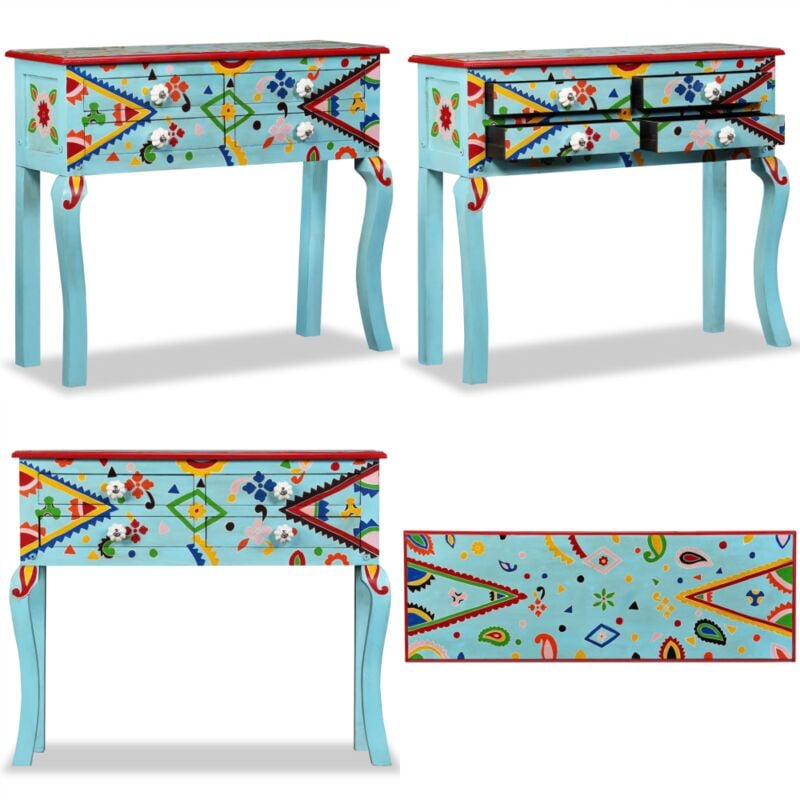 Konsolentisch Massivholz Mango Blau Handbemalt - Holz Sideboard - Mangoholz Konsole - Wohnzimmer Konsolle - Blau Konsole - Vintage Konsole - Home &