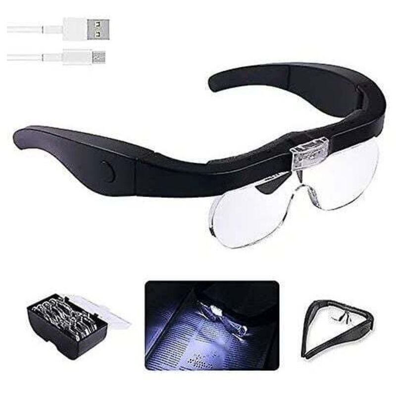 Kopflupe mit 2 LED-Leuchten, USB-Aufladung, freihändig, Lesebrille, Schmuck, Kunsthandwerk, Elektronikwartung mit 4 abnehmbaren Gläsern