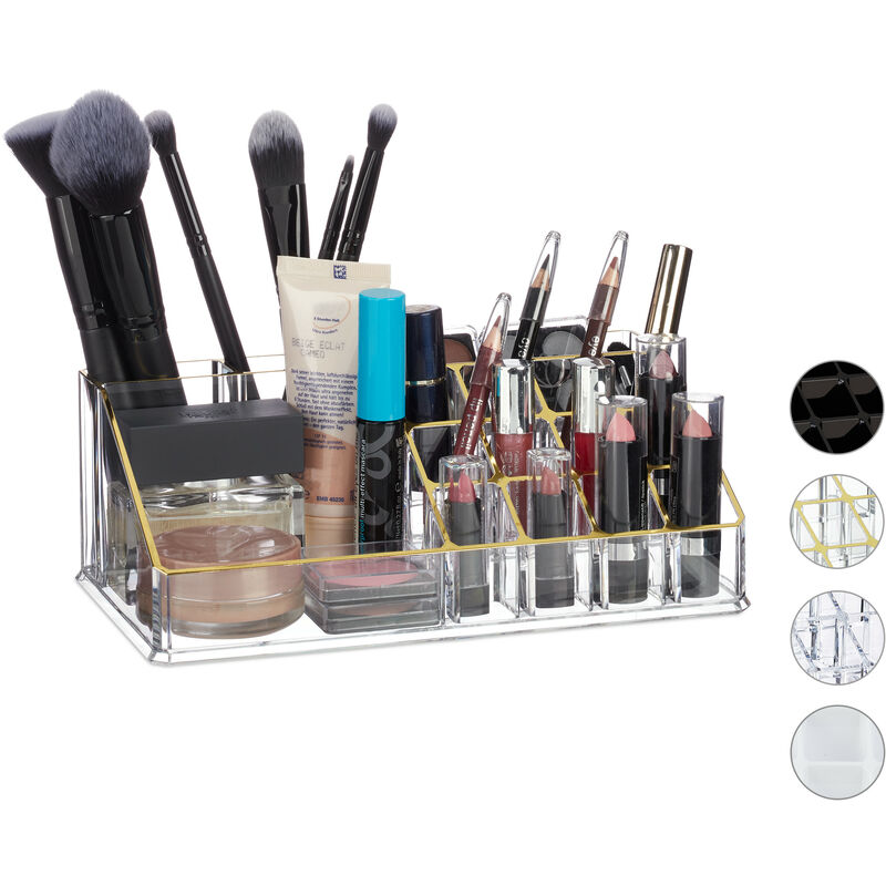 Kosmetik-Organizer Acryl, Make Up Organizer mit 16 Fächern für Schminke & Lippenstift-Halter, transparent/gold - Relaxdays