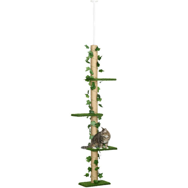 Kratzbaum Deckenhoch 202-242 cm, höhenverstellbar Kletterbaum mit Kippschutz, Spielbaum aus Jute in Grün und Gelb