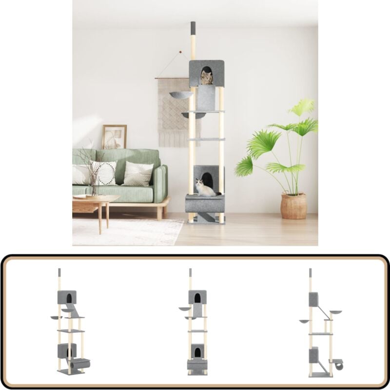 Kratzbaum Deckenhoch Hellgrau 277-303 cm - Katzenkratzbaum - Kratzbaum Sisal - Katzenmöbel - Katzenschlafplatz - Katzenhaus
