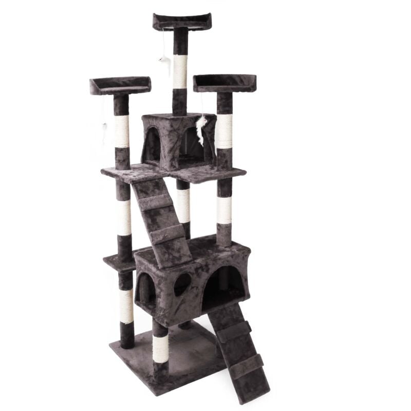 Wiltec - Kratzbaum in Grau 170 cm hoch mit Sisal, Katzenkratzbaum mit Aussichtsplattformen, Katzenbaum mit Katzenhäuser, Kletterbaum für Katzen
