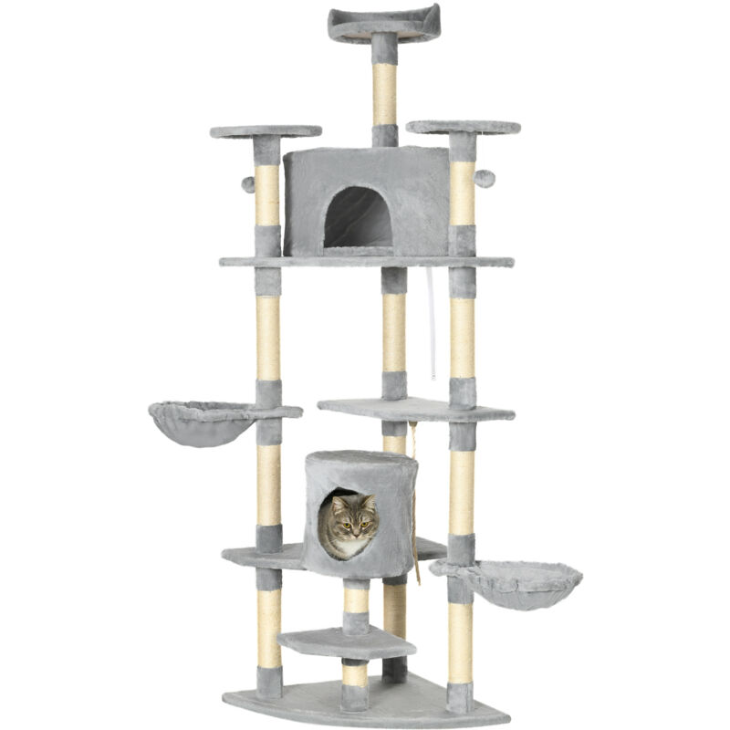 Kratzbaum groß 200 cm XXL Katzenbaum mit Katzenhöhlen Hängematten stabil für große Katzen in Hellgrau