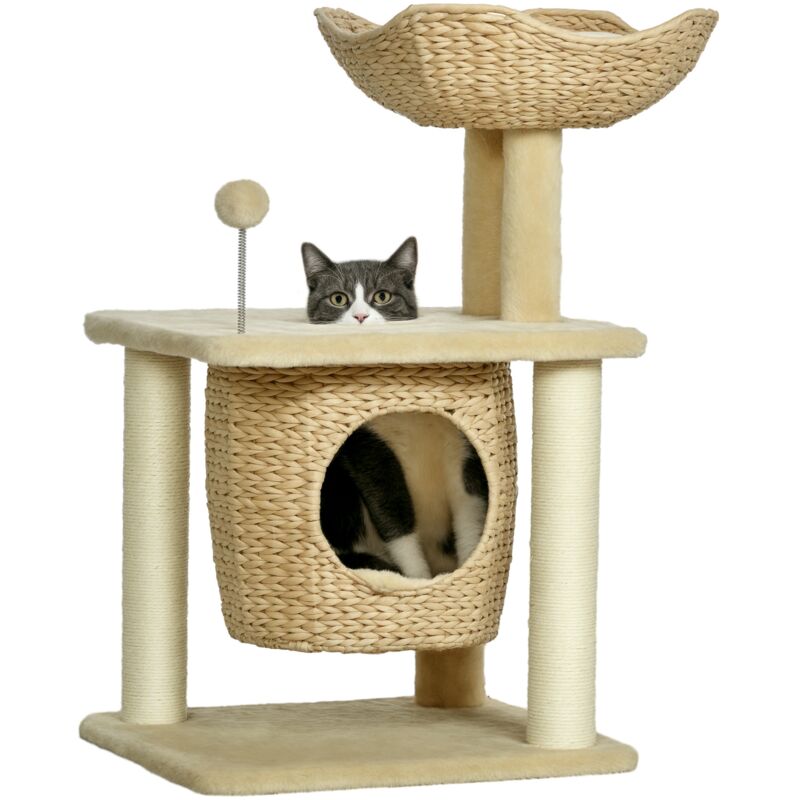 Pawhut - Katzen Kratzbaum Klein, 74 cm Katzenbaum mit Katzenhöhle, Spielball, Indoor Kletterturm mit Bett, Kratzmöbel für Katzen bis 5 kg, Beige