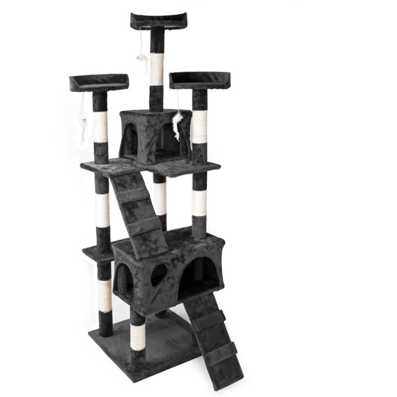 Wiltec - Kratzbaum in Schwarz 170 cm hoch mit Sisal, Katzenkratzbaum mit Aussichtsplattformen, Katzenbaum mit Katzenhäuser, Kletterbaum für Katzen