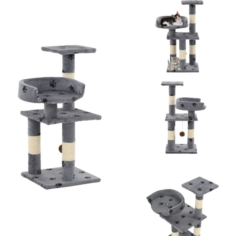 Katzen-Kratzbaum mit Sisal-Säulen 65 cm Pfoten-Aufdruck Grau - Katzen Kratzbaum - Sisalsäule - Katzenmöbel - Kratzbaum Grau - Katzenspielplatz