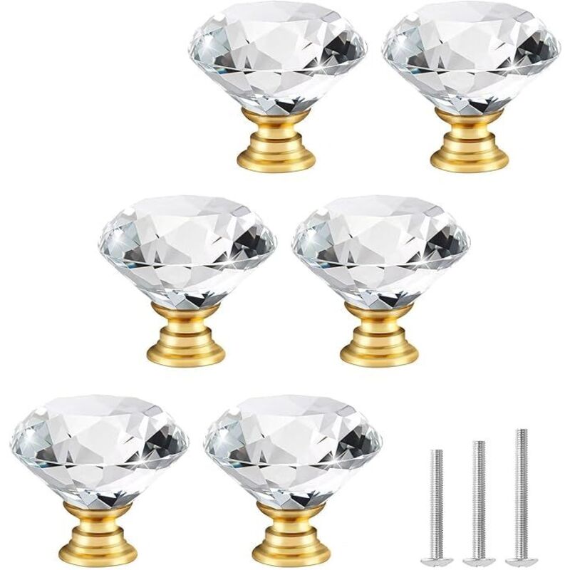 Kristallglas Schrankknöpfe Kommode Möbelknöpfe Kristall Möbelgriffe 30mm Diamant-Stil mit Goldbasis Ziehgriffe für Kommode, Schränke, Küche,