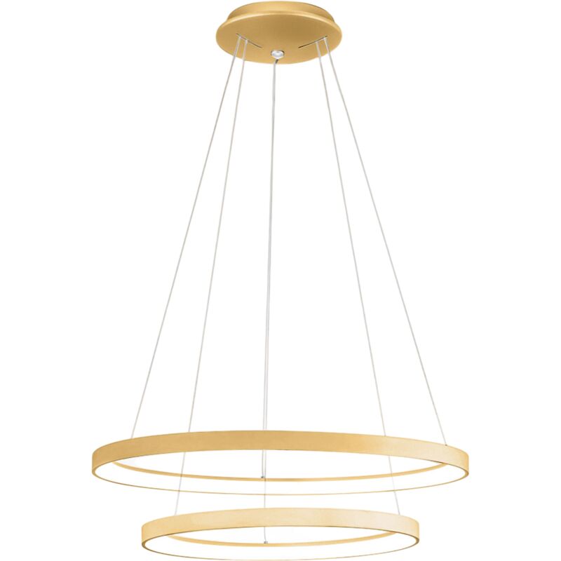 Krizia - Dimmbare 88W Doppel-LED-Pendelleuchte - 6300lm, 3000K warmes Licht, gebürstete Goldringe, Opaldiffusor, IP20, d. 60+80 cm