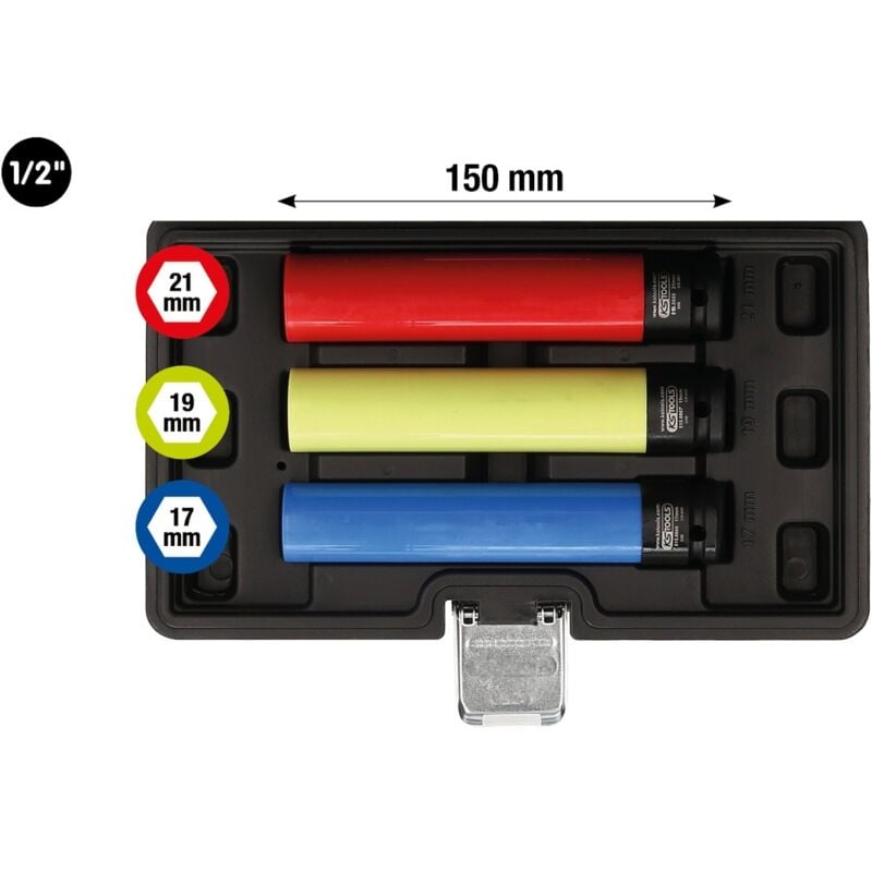 KS Tools Alu-Felgen Kraft-Stecknuss-Satz, extra lang, 3-tlg, 1/2, 17, 19, 21 mm