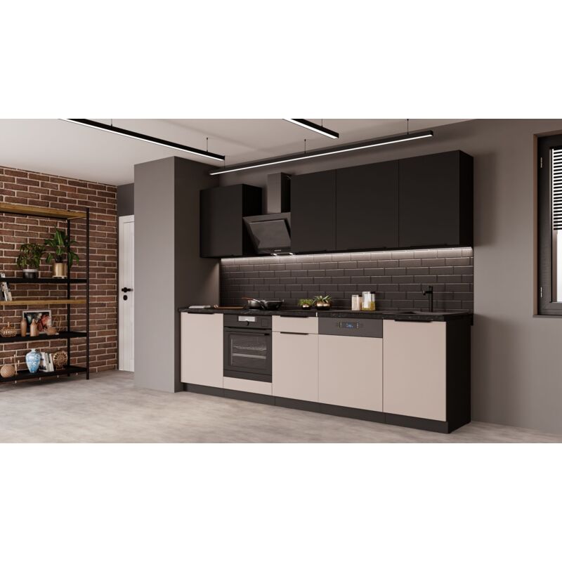 Küchen Preisbombe - Küche arona + siena basic 280 cm Küchenzeile Küchenblock Einbauküche Kaschmir beige matt + Schwarz matt