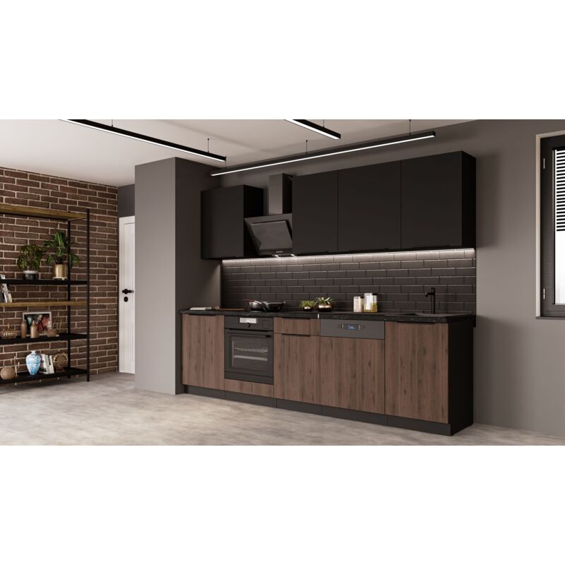Küche MONZA + SIENA BASIC 280 cm Küchenzeile Küchenblock Einbauküche Nussbaum Okapi matt + Schwarz matt