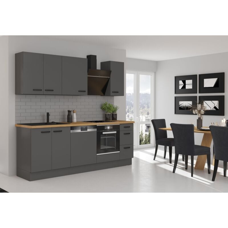 Küchen Preisbombe - Küche nessa Basic 240 cm Anthrazit Grau Küchenzeile Küchenblock Einbauküche