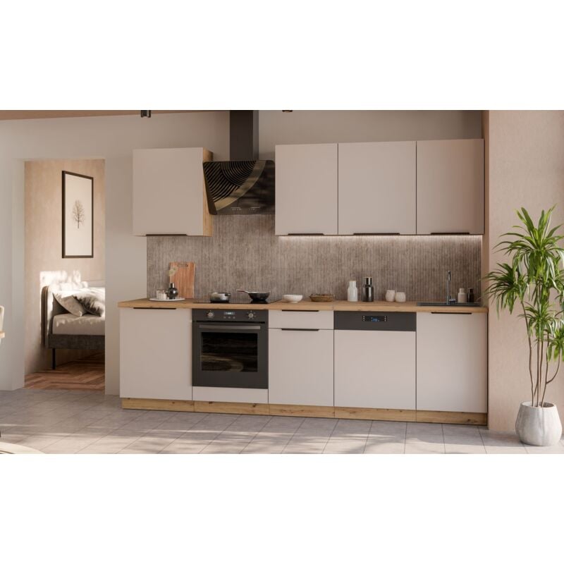 Küchen Preisbombe - Küche solano basic 280 cm Küchenzeile Küchenblock Einbauküche Kaschmir beige matt + Eiche Artisan matt