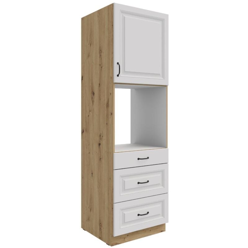 Küchen Backofen Hochschrank 60 cm mit Schubladen Stilo Weiss + Eiche Artisan Küchenzeile Küchenblock Einbauküche Landhaus Küche