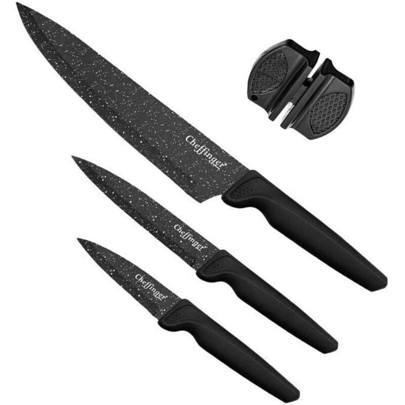 Küchenmesser-Set - CHEFFINGER - Schwarz - Edelstahl - Antihaftbeschichtung - Inklusive Wetzstein