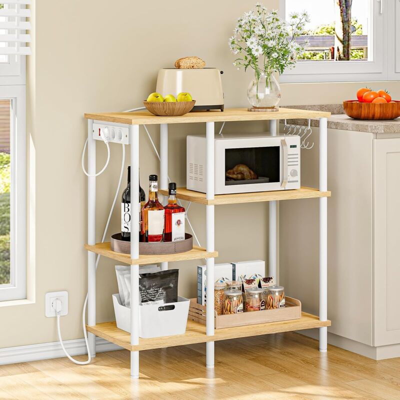 Küchenregal, Standregal mit Steckdosen, Bäckerregal mit 5 S-Haken, Mikrowellen-Regal, 38 x 80 x 86 cm, Regal Küche mit Arbeitsplatte,